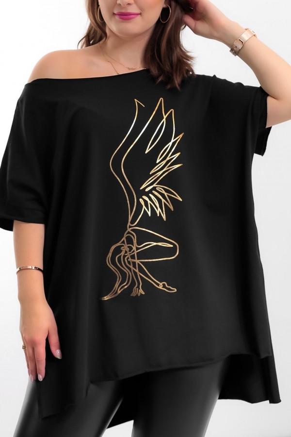 Bluzka damska w kolorze czarnym oversize dłuższy tył print gold fairy