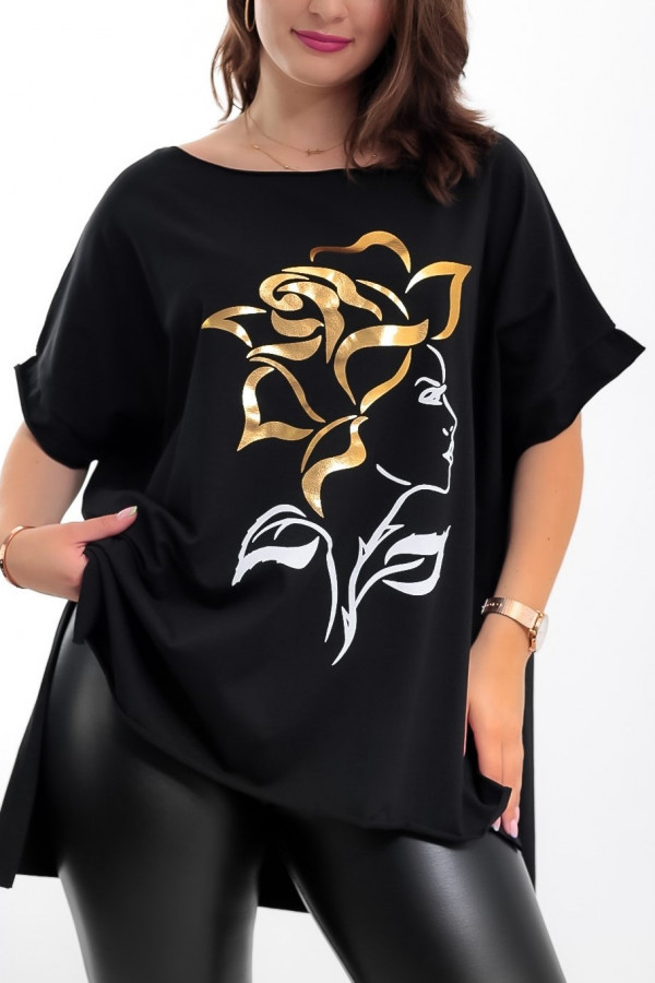 Bluzka damska w kolorze czarnym oversize dłuższy tył print kwiat twarz