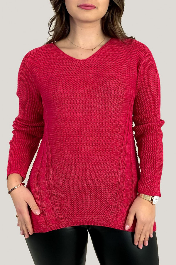 Sweter damski w kolorze malinowym ażurowy wzór na plecach