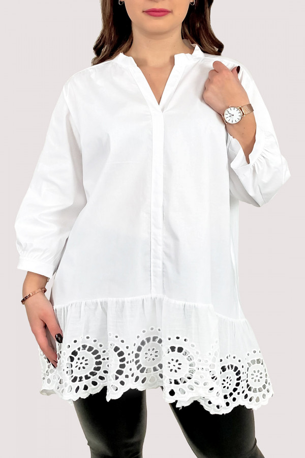 Koszula damska tunika ze stójką w kolorze białym haft Aileen