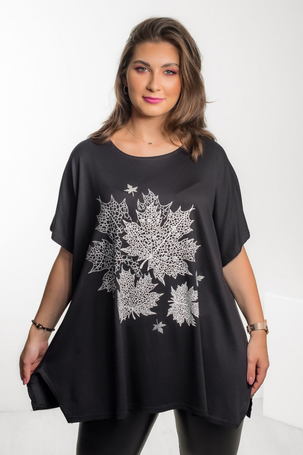 Tunika plus size luźna bluzka z wiskozy w kolorze czarnym liście autumn 2