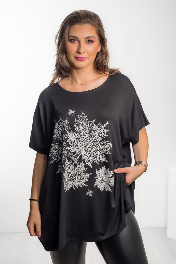 Tunika plus size luźna bluzka z wiskozy w kolorze czarnym liście autumn 1