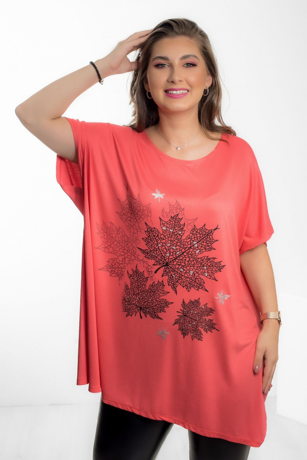 Tunika plus size luźna bluzka z wiskozy w kolorze koralowym liście autumn 2