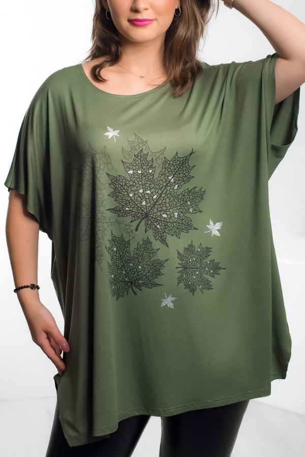 Tunika plus size luźna bluzka z wiskozy w kolorze zielonym khaki liście autumn
