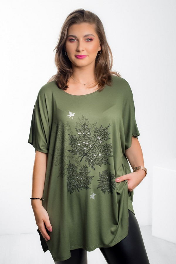 Luźna bluzka plus size z wiskozy w kolorze zielonym khaki liście autumn 1