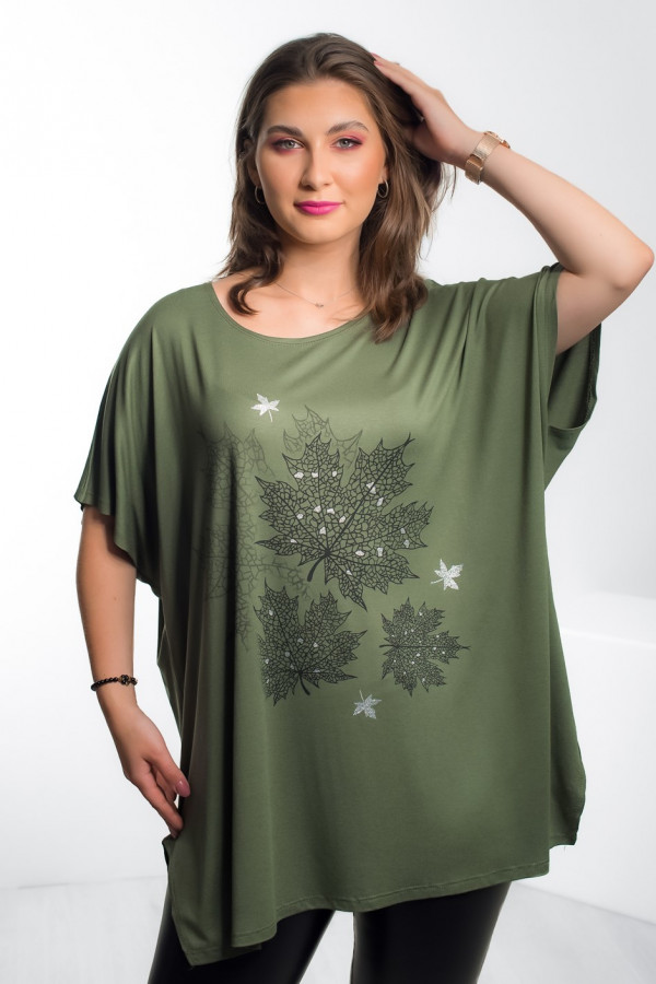 Luźna bluzka plus size z wiskozy w kolorze zielonym khaki liście autumn 2