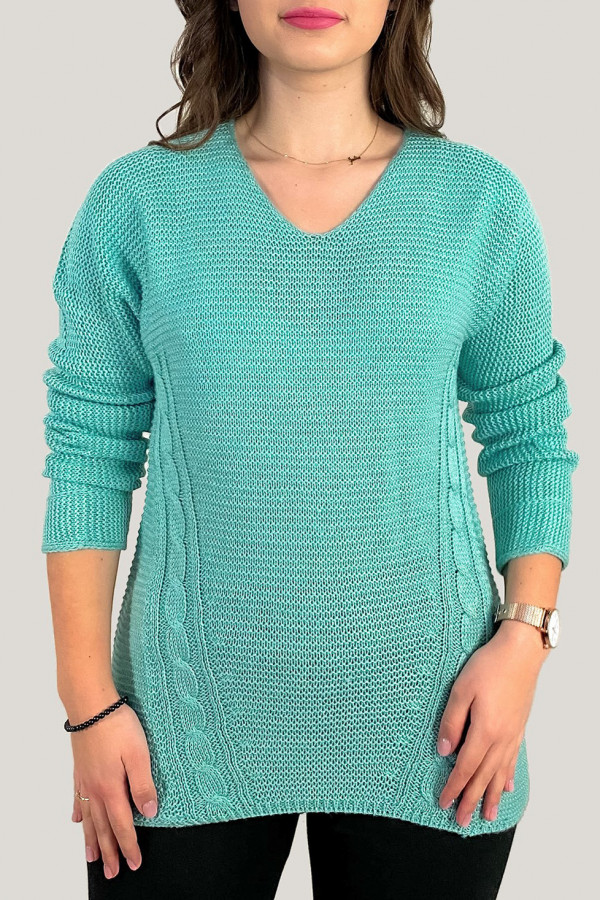 Sweter damski w kolorze miętowym ażurowy wzór na plecach