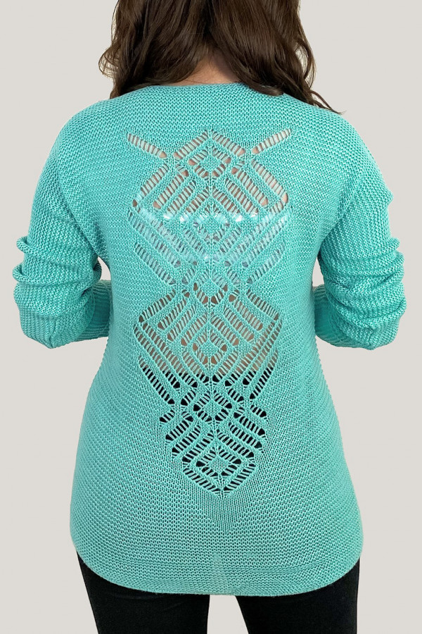 Sweter damski w kolorze miętowym ażurowy wzór na plecach 2
