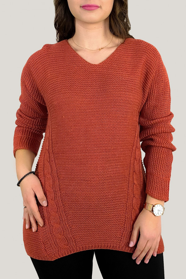 Sweter damski w kolorze miedzianym ażurowy wzór na plecach