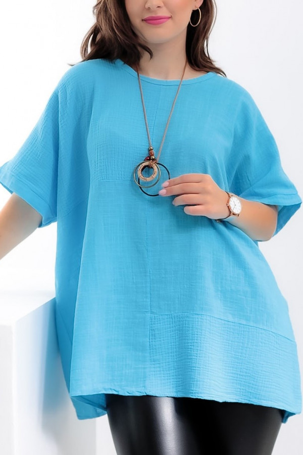 Duża bluzka w kolorze turkusowym blue z naszyjnikiem Paola