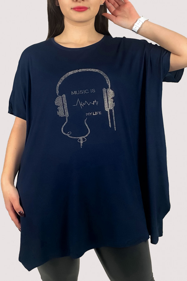 Tunika plus size z wiskozy w kolorze granatowym print dżety Music is my life