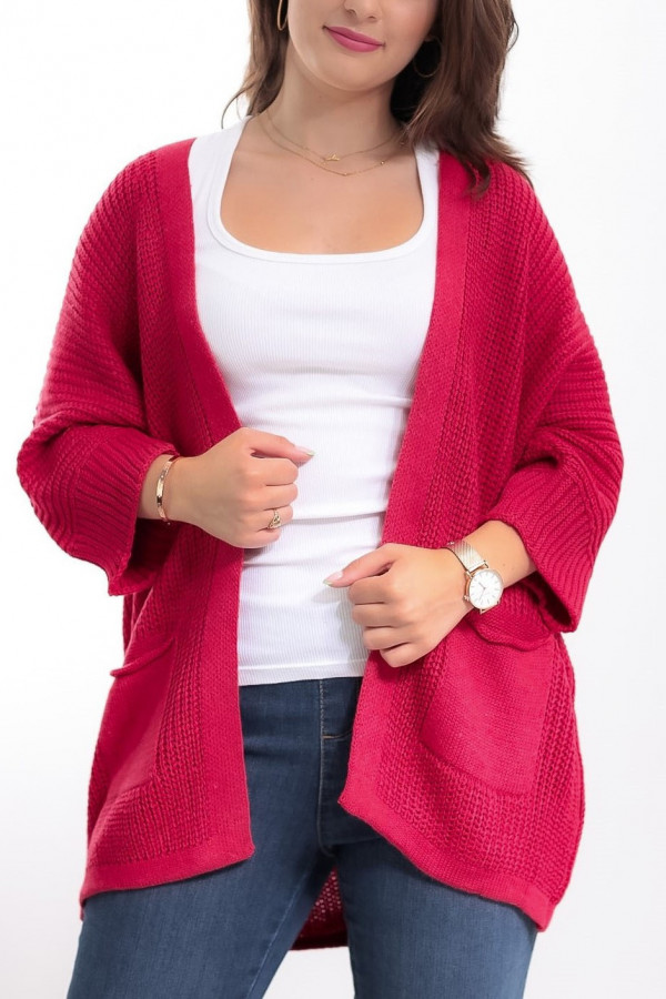 Kardigan sweter damski w kolorze malinowym z kieszeniami luźna narzutka Parma