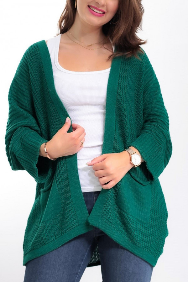 Kardigan sweter damski w kolorze ciemnej zieleni z kieszeniami luźna narzutka Parma