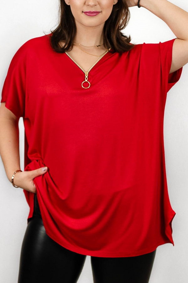 Bluzka tunika damska plus size z wiskozy nietoperz w kolorze czerwonym dekolt zip