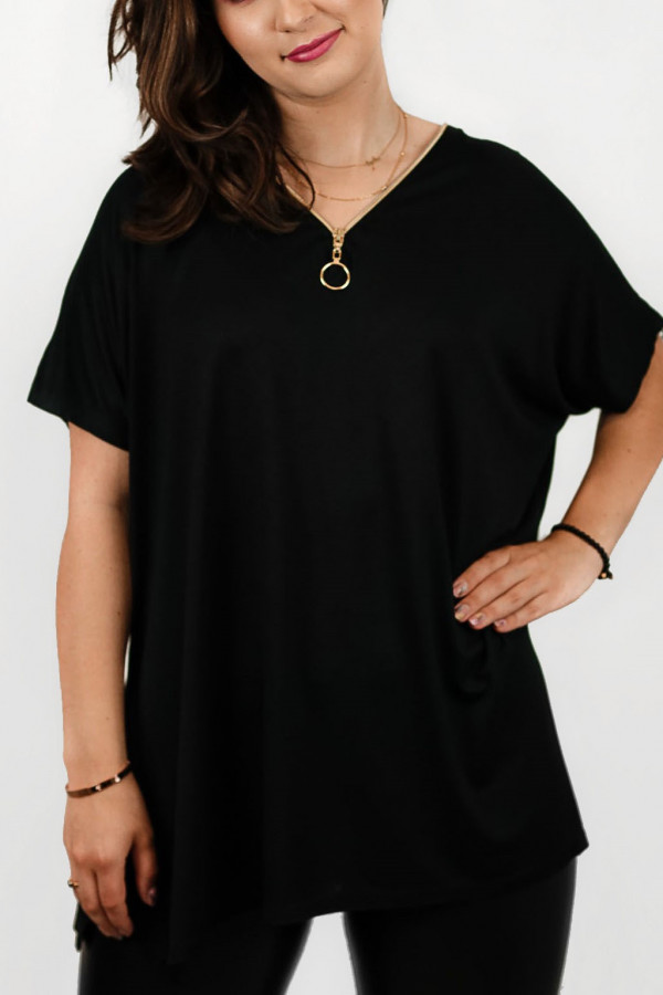 Bluzka tunika damska plus size z wiskozy nietoperz w kolorze czarnym dekolt zip