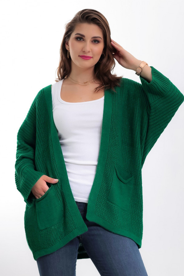 Kardigan sweter damski w kolorze zielonym z kieszeniami luźna narzutka Parma 1