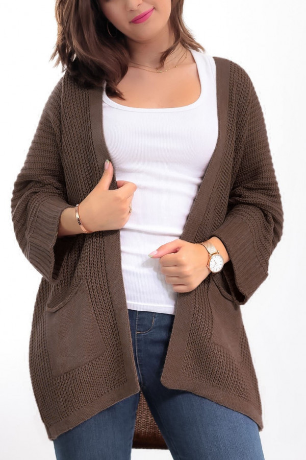 Kardigan sweter damski w kolorze brązowym z kieszeniami luźna narzutka Parma