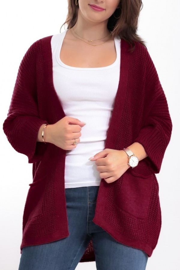 Kardigan sweter damski w kolorze bordowym z kieszeniami luźna narzutka Parma
