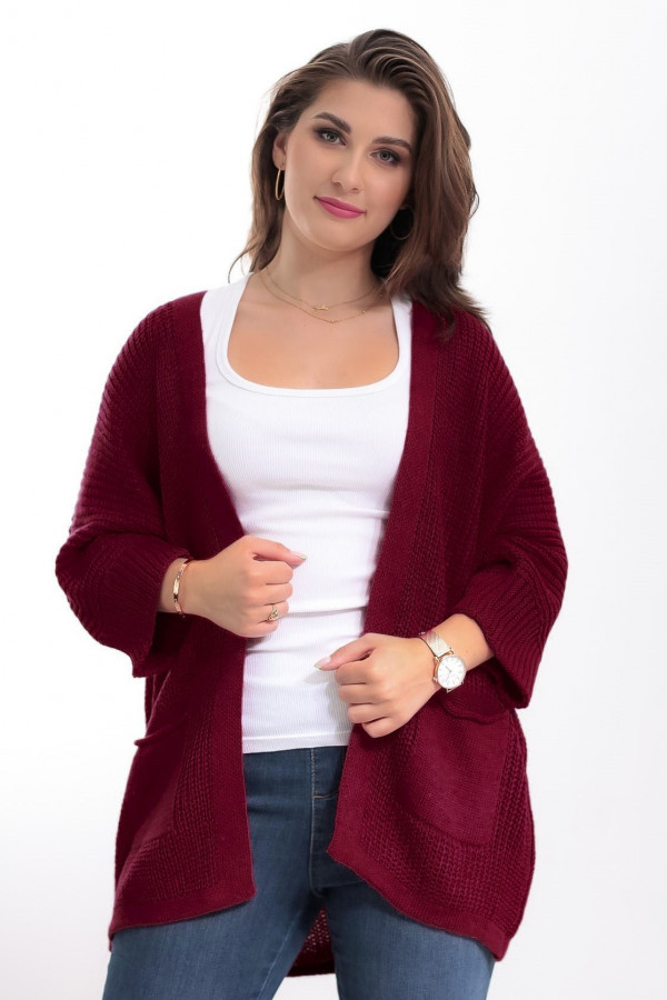 Kardigan sweter damski w kolorze bordowym z kieszeniami luźna narzutka Parma 1