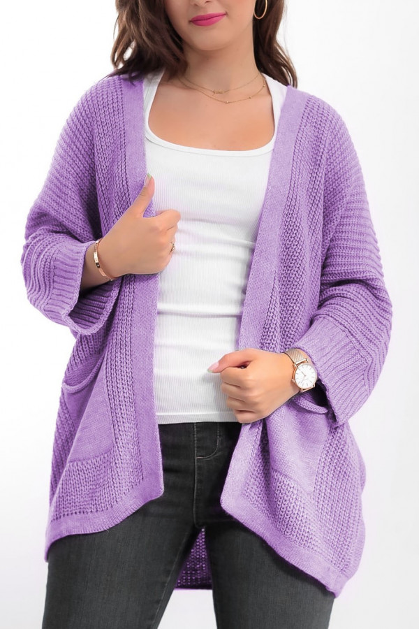 Kardigan sweter damski w kolorze wrzosowym fiolet z kieszeniami luźna narzutka Parma