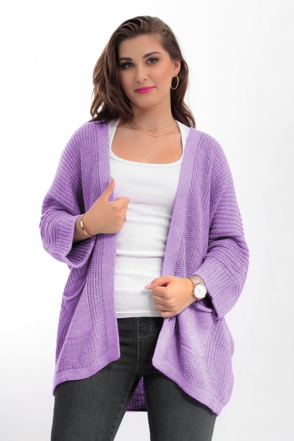 Kardigan sweter damski w kolorze wrzosowym fiolet z kieszeniami luźna narzutka Parma 1