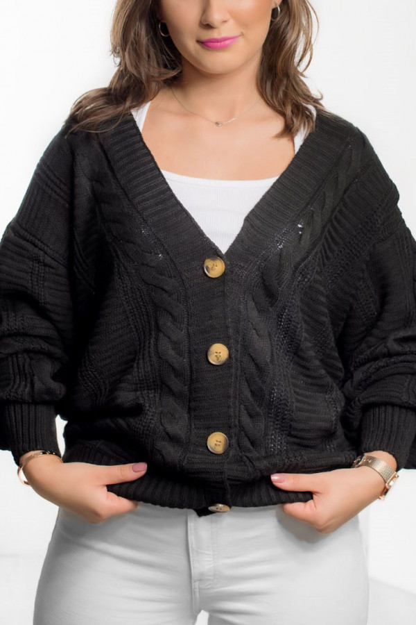 Sweter damski w kolorze czarnym zapinany kardigan warkocze guziki Harper