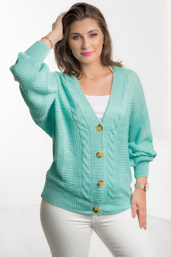 Sweter damski w kolorze miętowym zapinany kardigan warkocze guziki Harper 1
