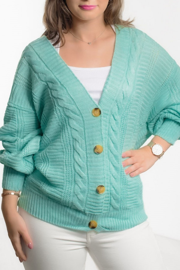 Sweter damski w kolorze miętowym zapinany kardigan warkocze guziki Harper