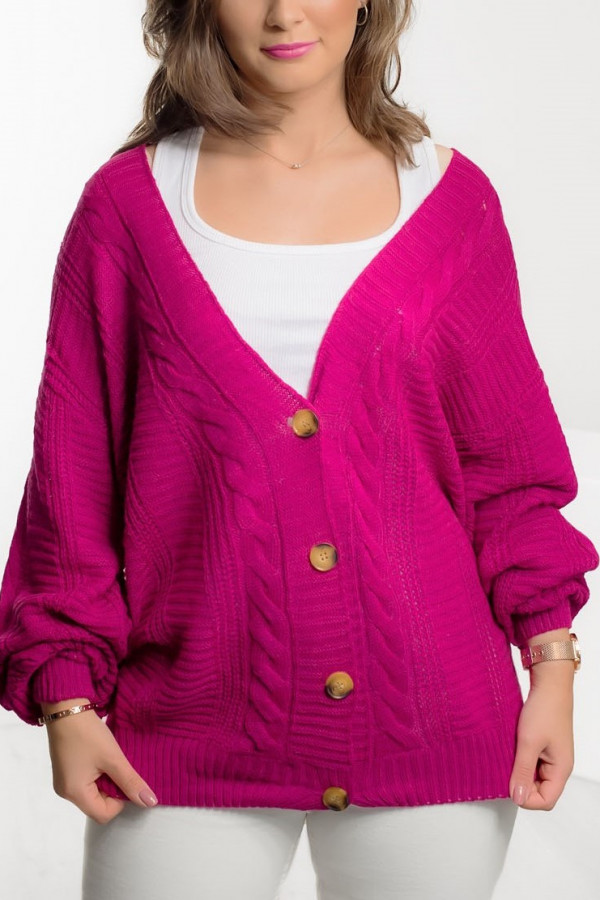 Sweter damski w kolorze fuksji zapinany kardigan warkocze guziki Harper