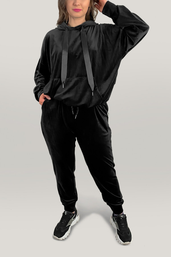 Dres damski welurowy w kolorze czarnym komplet spodnie i bluza z kapturem Eren