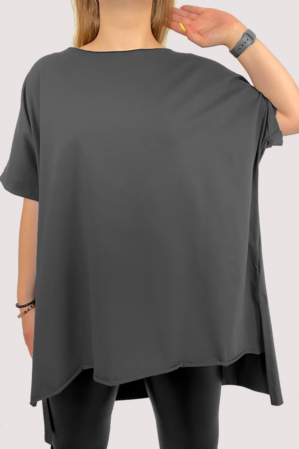 Bluzka damska w kolorze grafitowym oversize dłuższy tył krótki rękaw Onyx