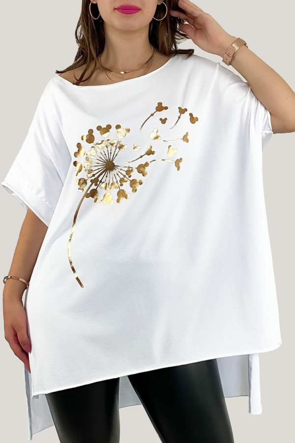Bluzka damska oversize w kolorze białym dłuższy tył złoty dmuchawiec