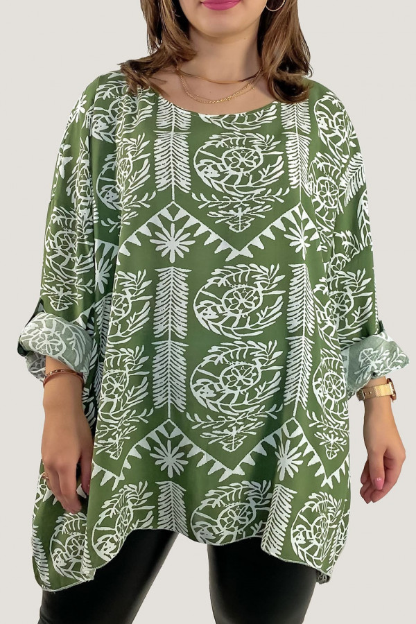 Bluzka plus size w kolorze oliwkowym podpinany rękaw biały wzór boho Rena 2