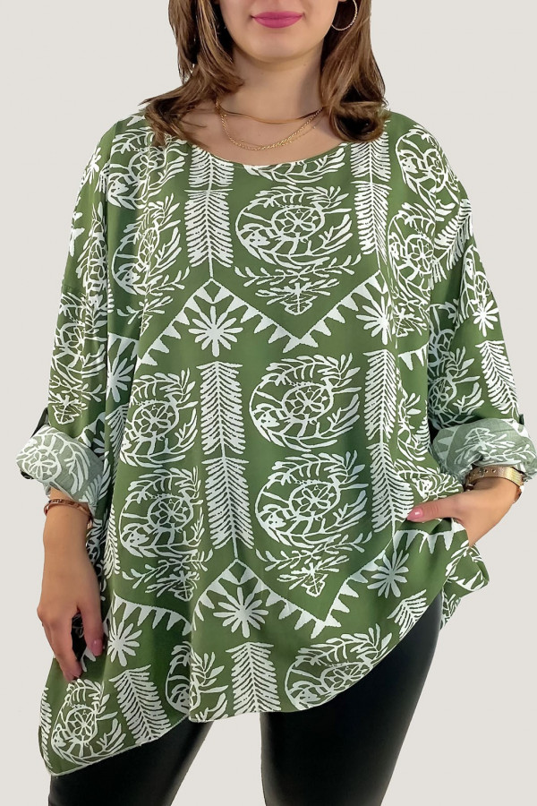 Bluzka plus size w kolorze oliwkowym podpinany rękaw biały wzór boho Rena 3