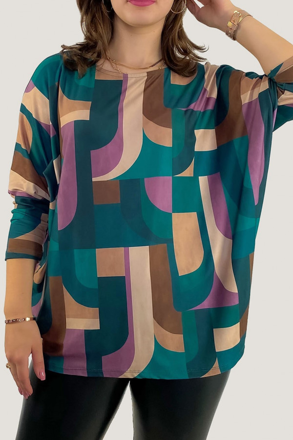 Duża luźna bluzka damska w kolorze turkusowym nietoperz abstrakcyjny wzór Netti