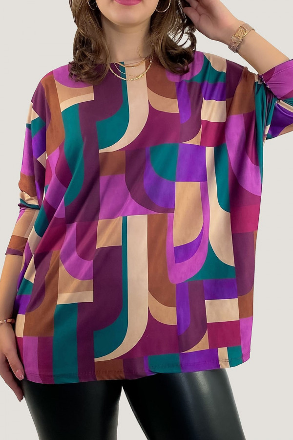 Duża luźna bluzka damska w kolorze fioletowym nietoperz abstrakcyjny wzór Netti