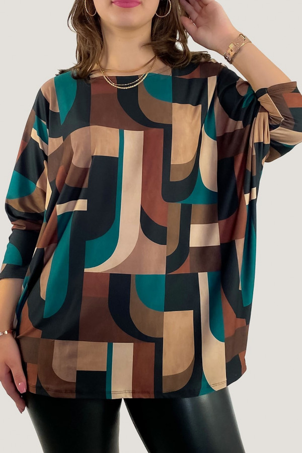 Duża luźna bluzka damska w kolorze brązowym nietoperz abstrakcyjny wzór Netti