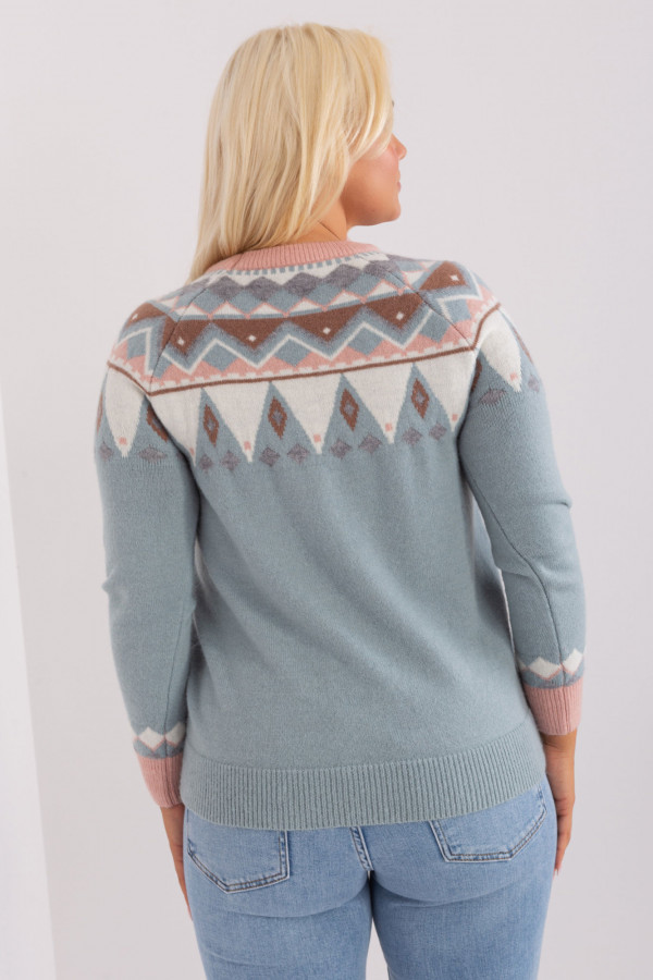 Ciepły sweter damski w kolorze szaro-niebieski z geometrycznymi wzorami 4