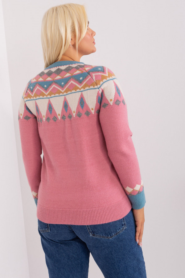 Ciepły sweter damski w kolorze pudrowym z geometrycznymi wzorami 4