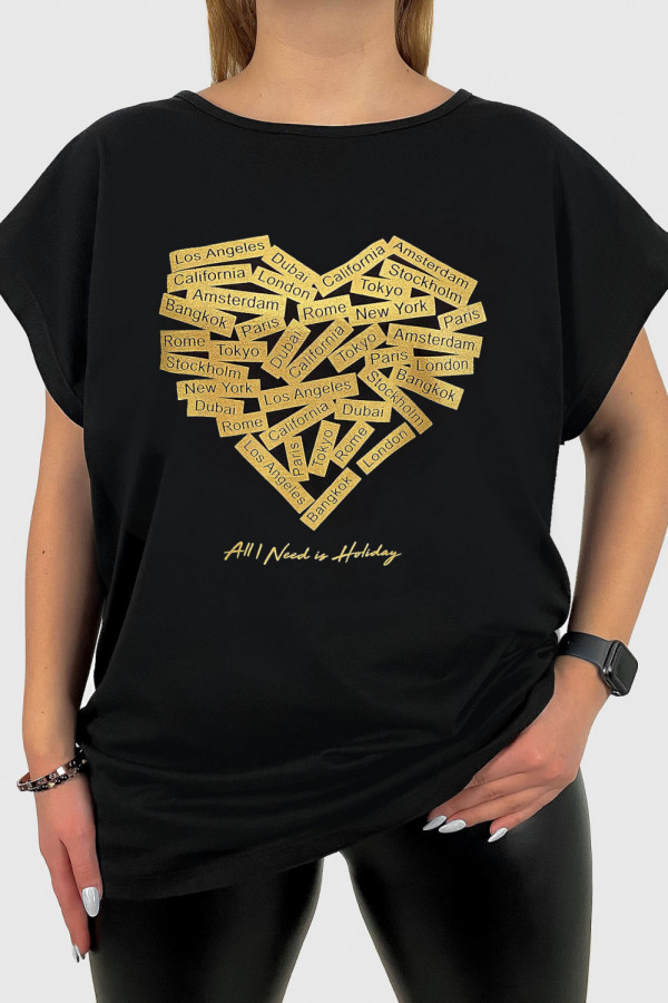 T-shirt damski plus size w kolorze czarnym złoty print serce napisy city