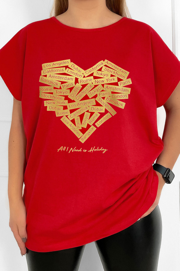 T-shirt damski plus size w kolorze czerwonym złoty print serce napisy city