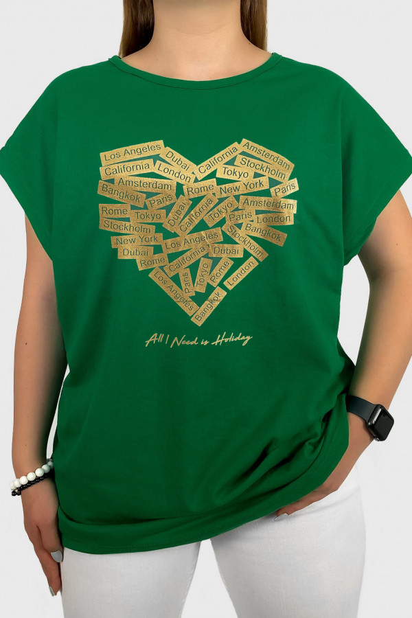T-shirt damski plus size w kolorze zielonym złoty print serce napisy city