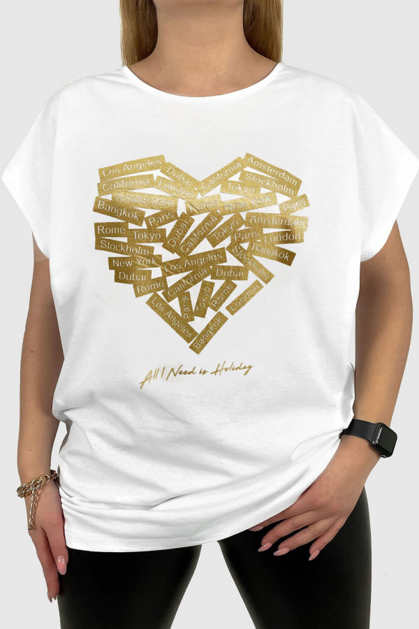 T-shirt damski plus size w kolorze białym złoty print serce napisy city