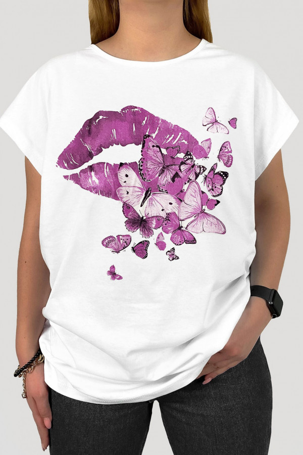 T-shirt damski plus size w kolorze białym usta motyle pink