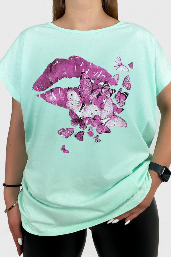 T-shirt damski plus size w kolorze miętowym usta motyle pink
