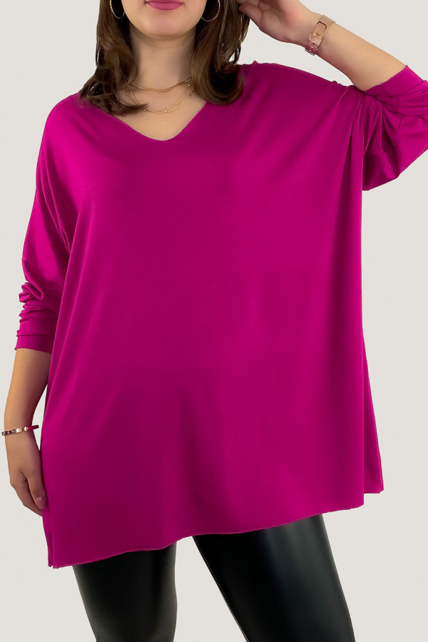 Duża luźna bluzka damska z wiskozy w kolorze fuksji oversize dekolt w serek Venti