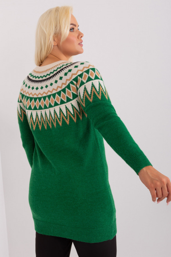 Długi ciepły sweter damski w kolorze zielonym z geometrycznymi wzorami Amala 3