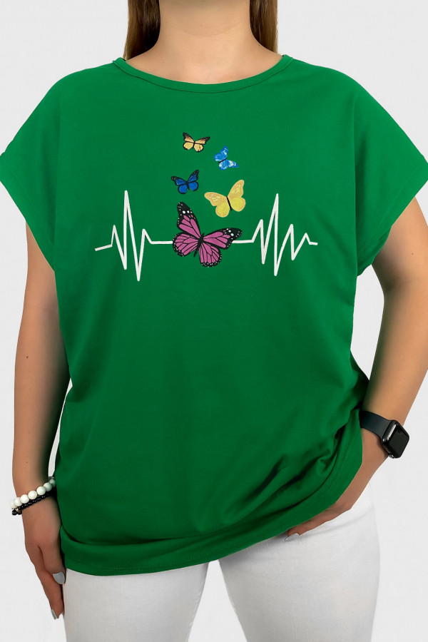 T-shirt damski plus size w kolorze zielonym print linia życia kolorowe motyle