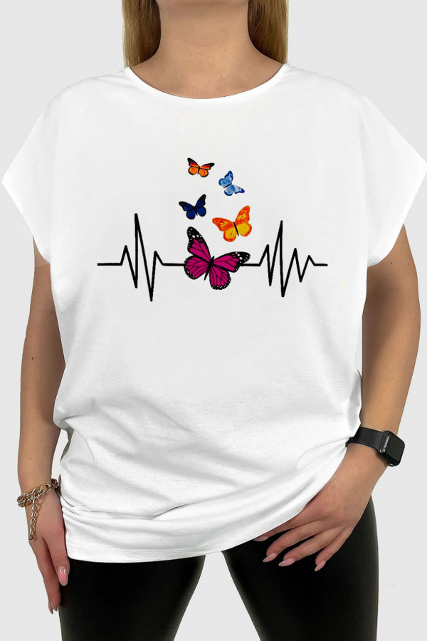 T-shirt damski plus size w kolorze białym print linia życia kolorowe motyle