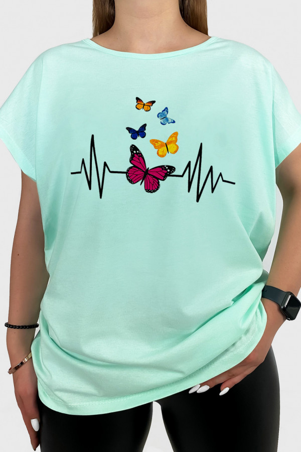 T-shirt damski plus size w kolorze miętowym print linia życia kolorowe motyle